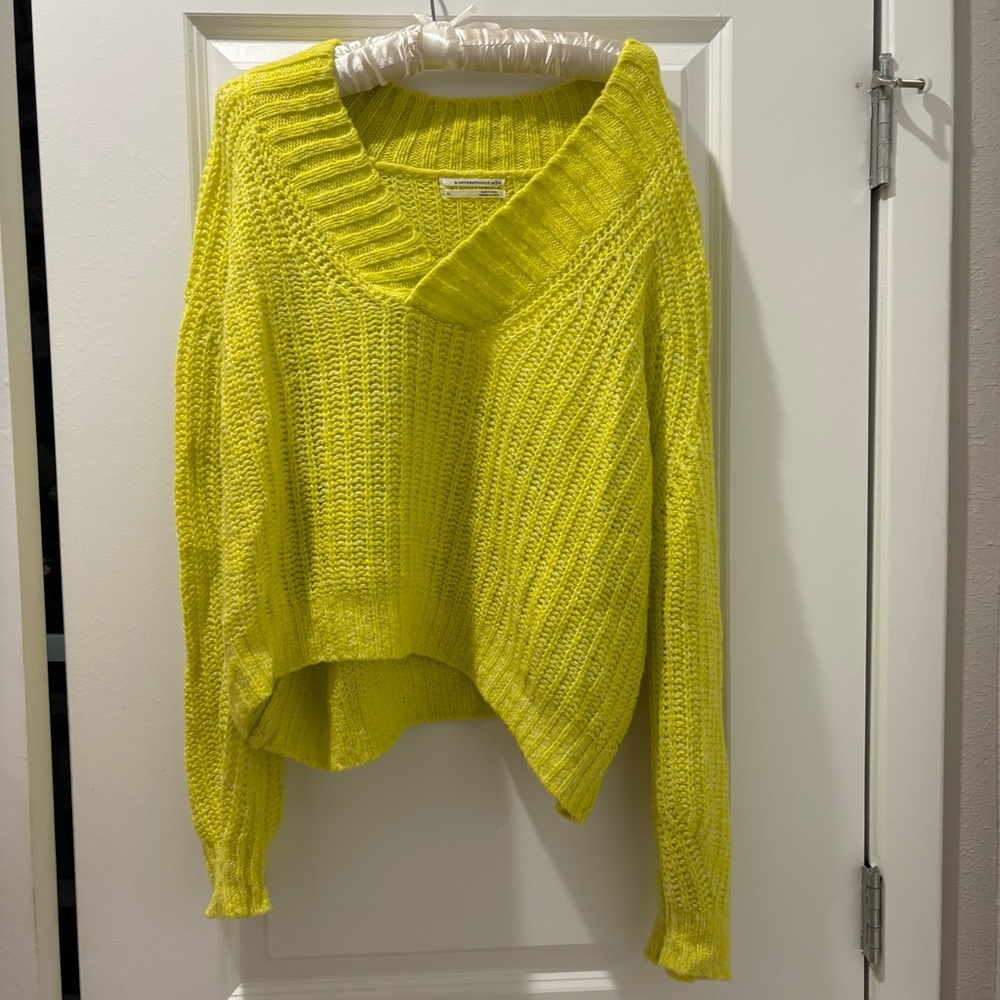Anthropologie Neon Yellow V-Neck Chunky Knit Sweater
